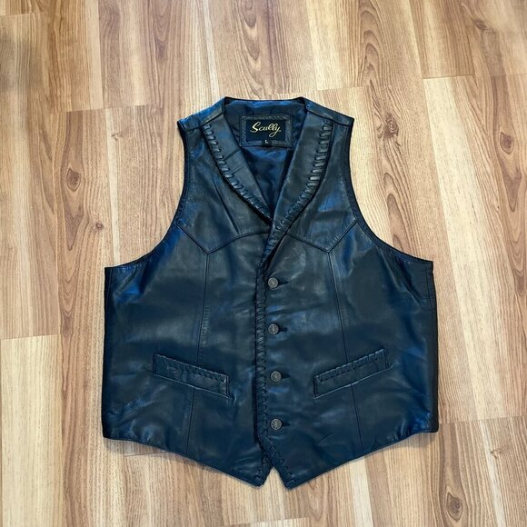 Scully Men's Black Leather Whip-Stitch Western Farm-House Country Vest Sz Lr - Picture 1 of 10